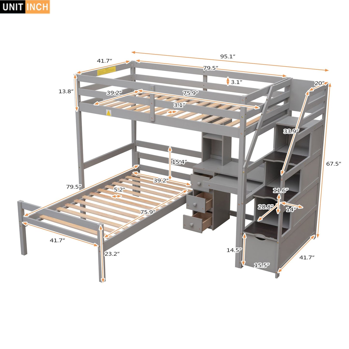 Space-Saving Twin Wood Loft Bed with Stand-Alone Bed, Storage Staircase, Desk, Shelves and Drawers, White | Just Better Bunk Beds