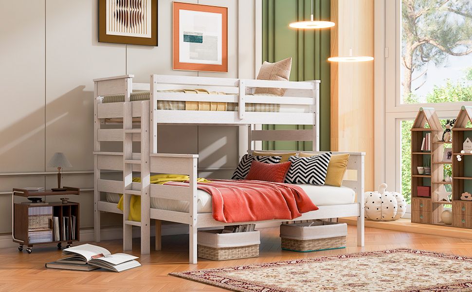 Shared Room Solution Twin XL Over Queen Wood Bunk Bed with Ladder, White | Just Better Bunk Beds