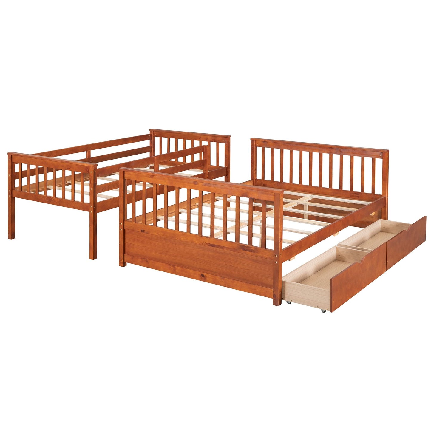 Space-Saving Twin Over Full Wood Bunk Bed with Ladders and Storage Drawers, Walnut | Just Better Bunk Beds