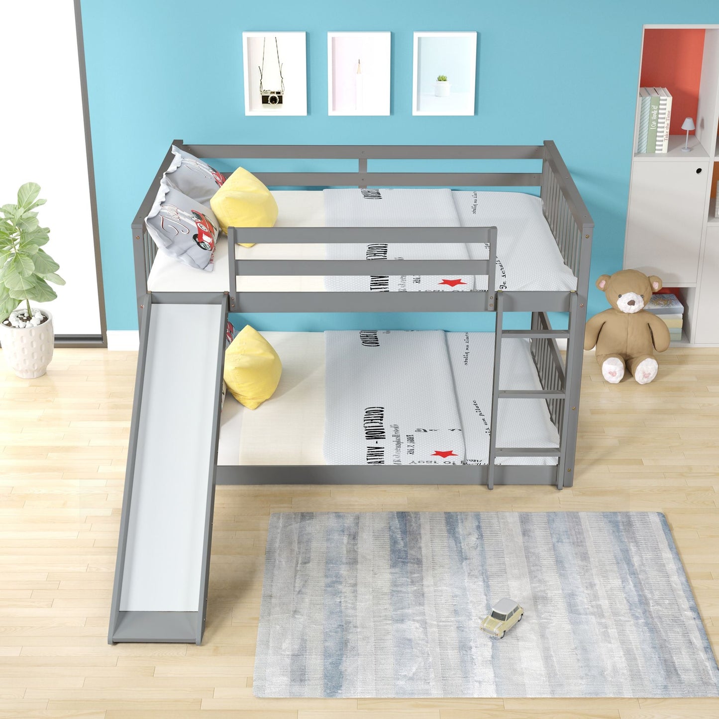 Space-Saving Full Over Full Wood Bunk Bed with Slide and Safety Guardrails, White | Just Better Bunk Beds