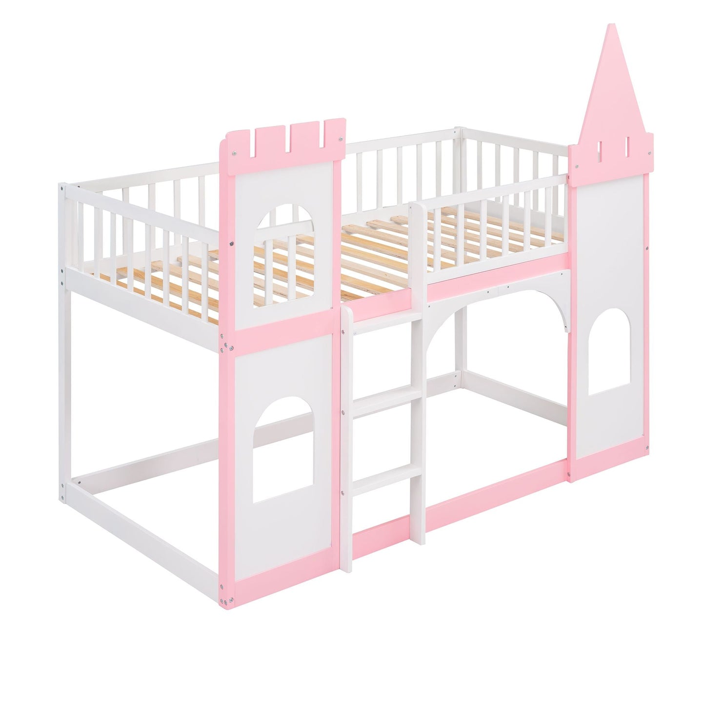 House-Style Twin Over Twin Wood Castle Bunk Bed with Ladder, Pink | Just Better Bunk Beds