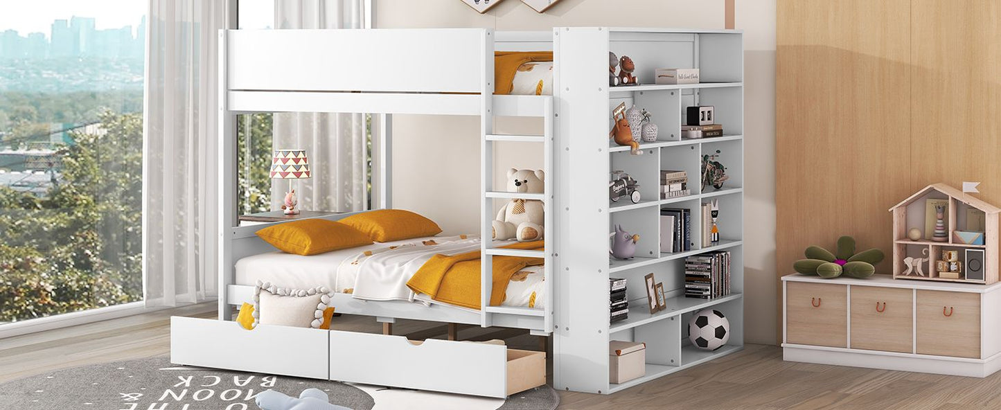 Organized Full Over Full Wood Bunk Bed with 2 Drawers and Multi-Layer Cabinet, White | Just Better Bunk Beds