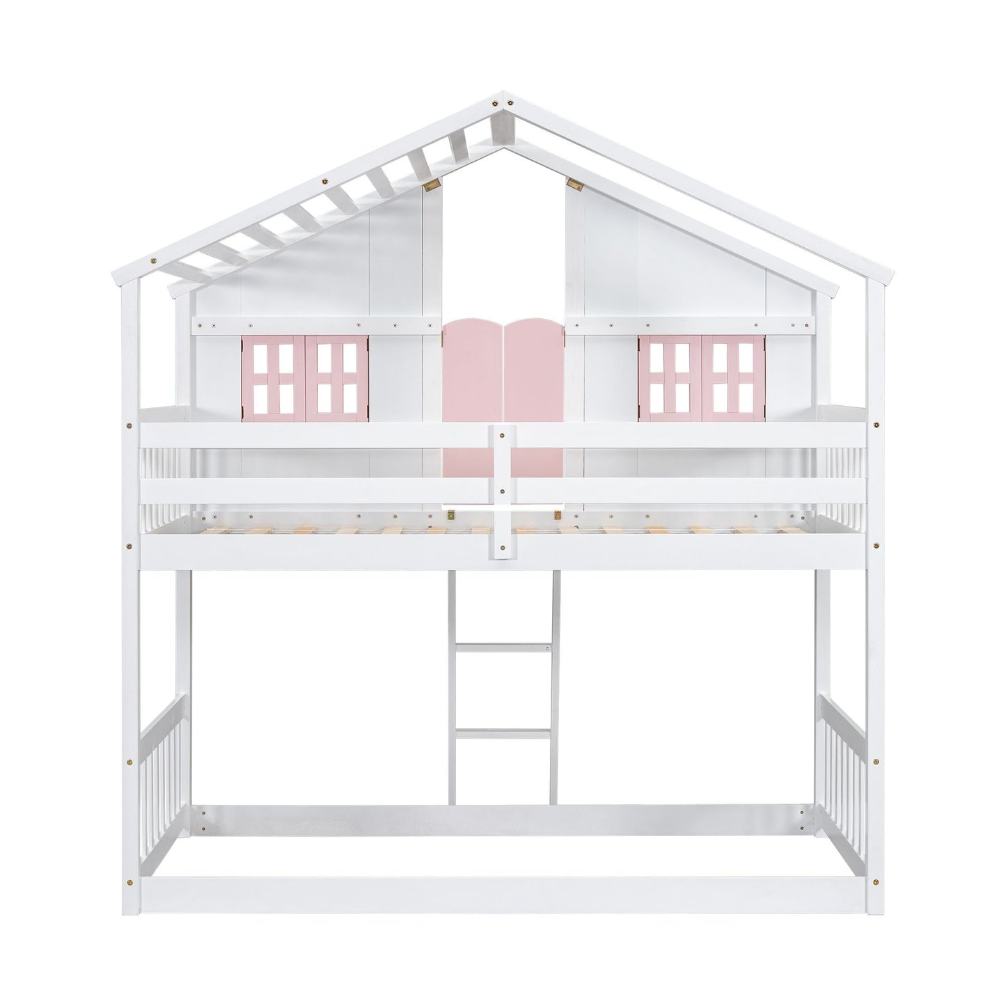 House-Style Twin Over Twin Wood Bunk Bed with Roof, Window, Door, and Ladder, Multiple Colors | Just Better Bunk Beds