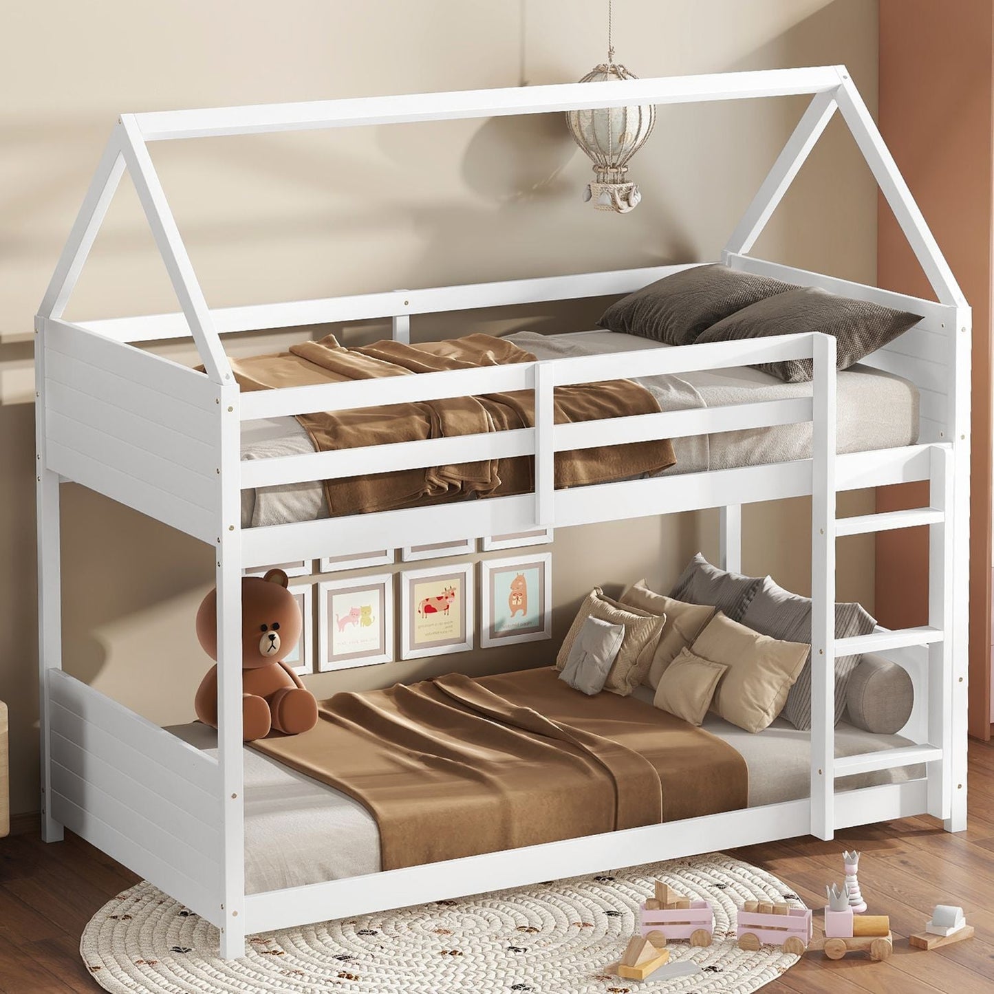 Twin Over Twin House Floor Bunk Bed with Headboards,  Footboards and Guardrails,  Ladder,  Rubber Wood Bunk Bed with Safety Guardrails, White