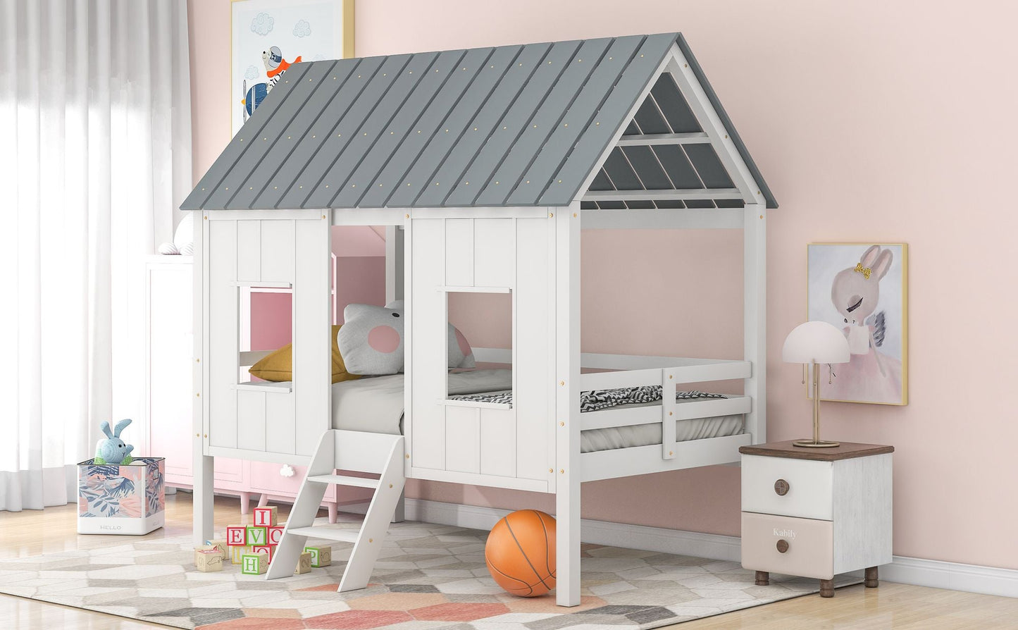 House-Style Twin Low Loft Wood Bed with Roof and Two Front Windows, White | Just Better Bunk Beds