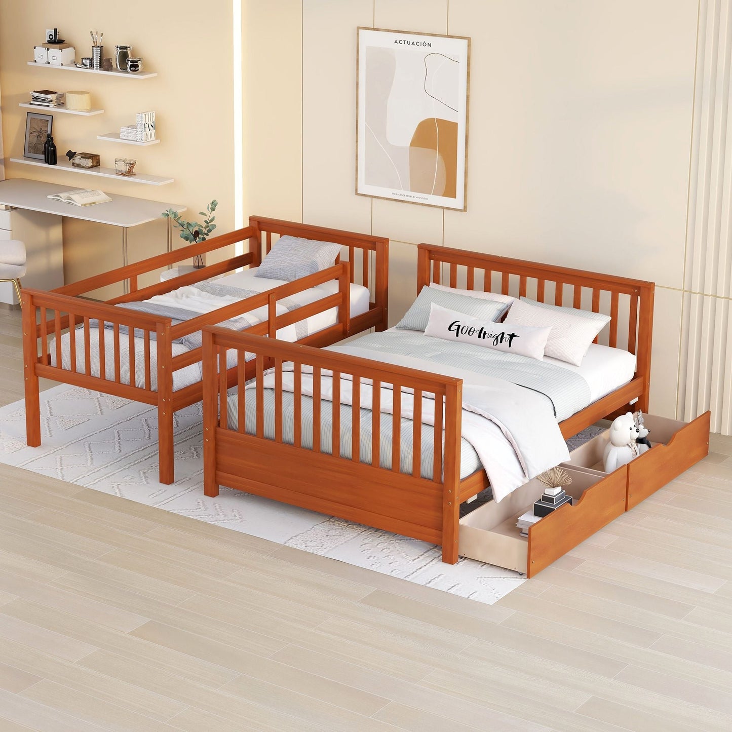 Space-Saving Twin Over Full Wood Bunk Bed with Ladders and Storage Drawers, Walnut | Just Better Bunk Beds