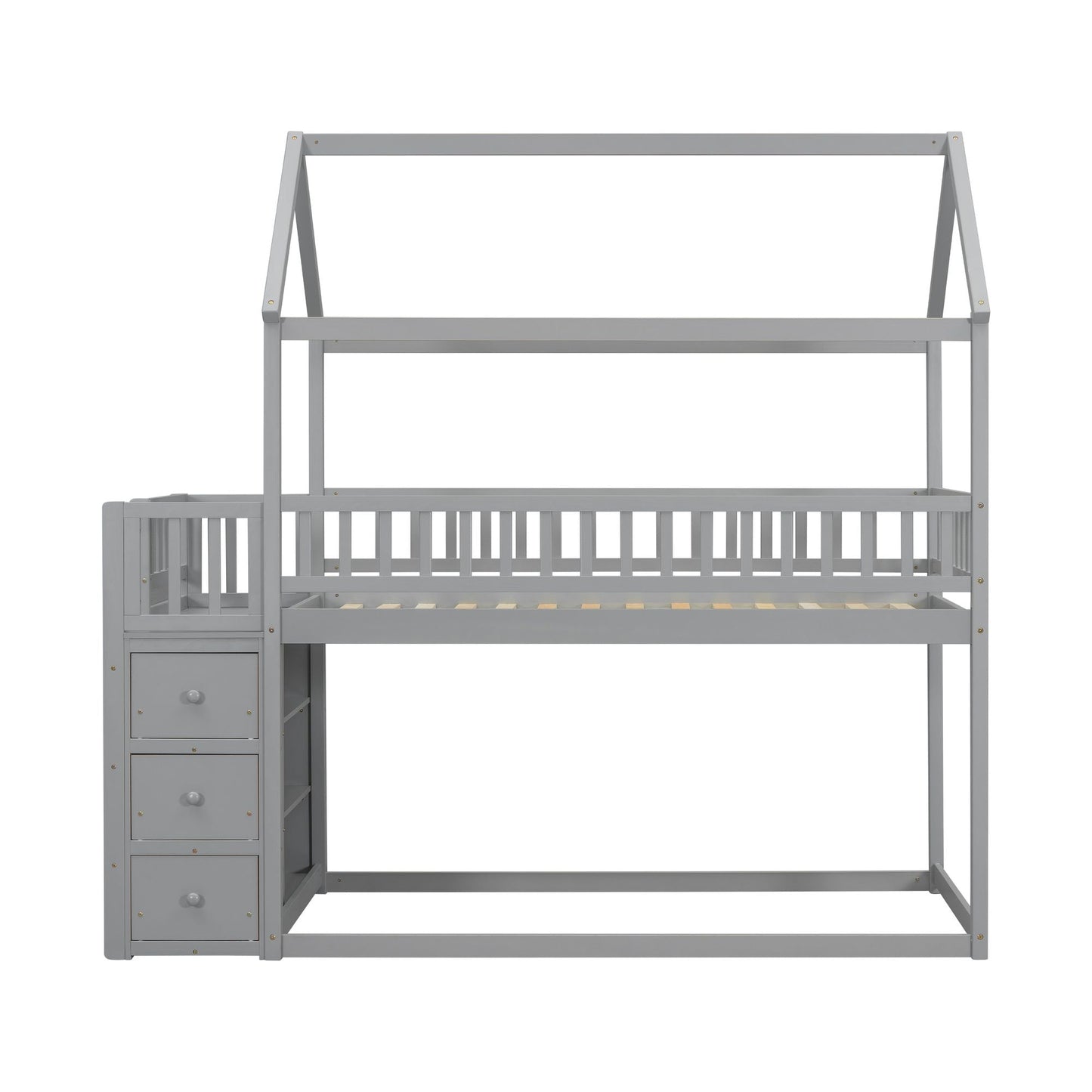 House-Style Twin Over Twin Wood Bunk Bed with Shelves and Drawers, Gray | Just Better Bunk Beds