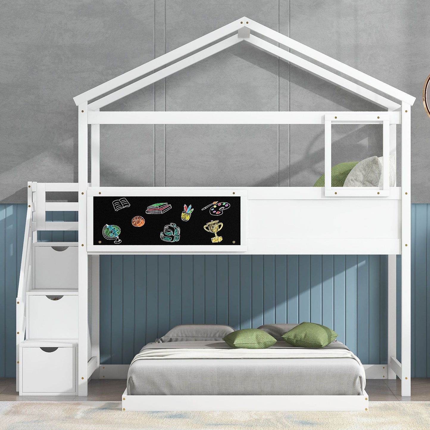House-Style Twin Over Full Wood Bunk Bed with Storage Staircase, Blackboard, White | Just Better Bunk Beds
