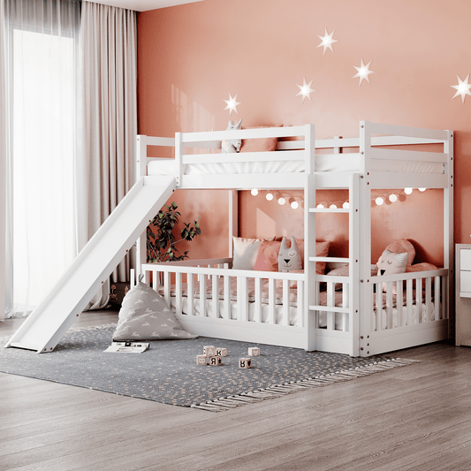 Twin Over Twin Bunk Bed with Slide and Ladder,  White