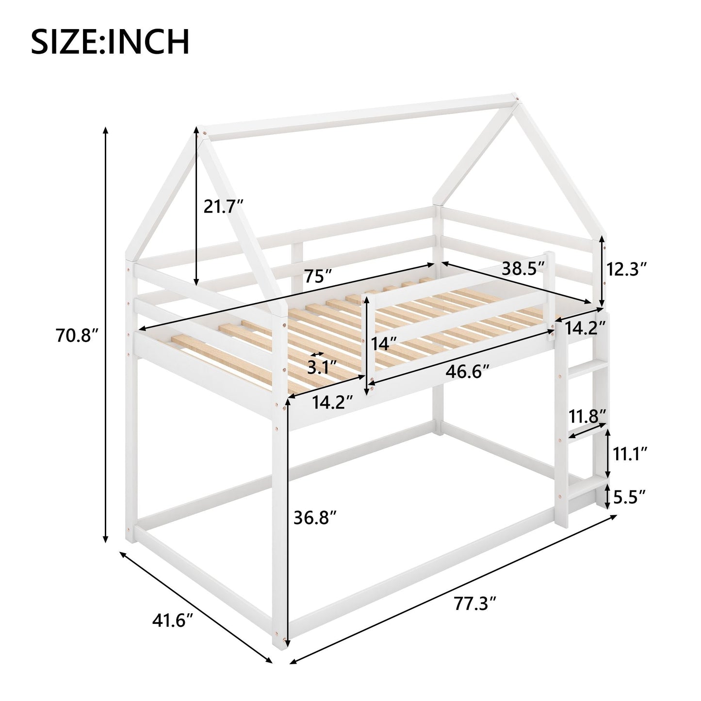 House-Style Low Twin Over Twin Wood Bunk Bed with Ladder, White | Just Better Bunk Beds