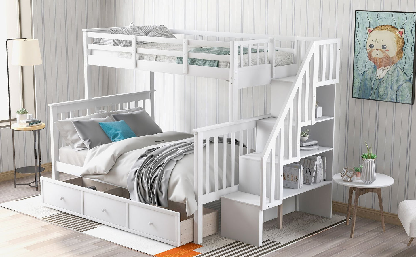 Staircase Storage Twin Over Full Wood Bunk Bed with Drawer and Guard Rail, Espresso, Gray, White | Just Better Bunk Beds