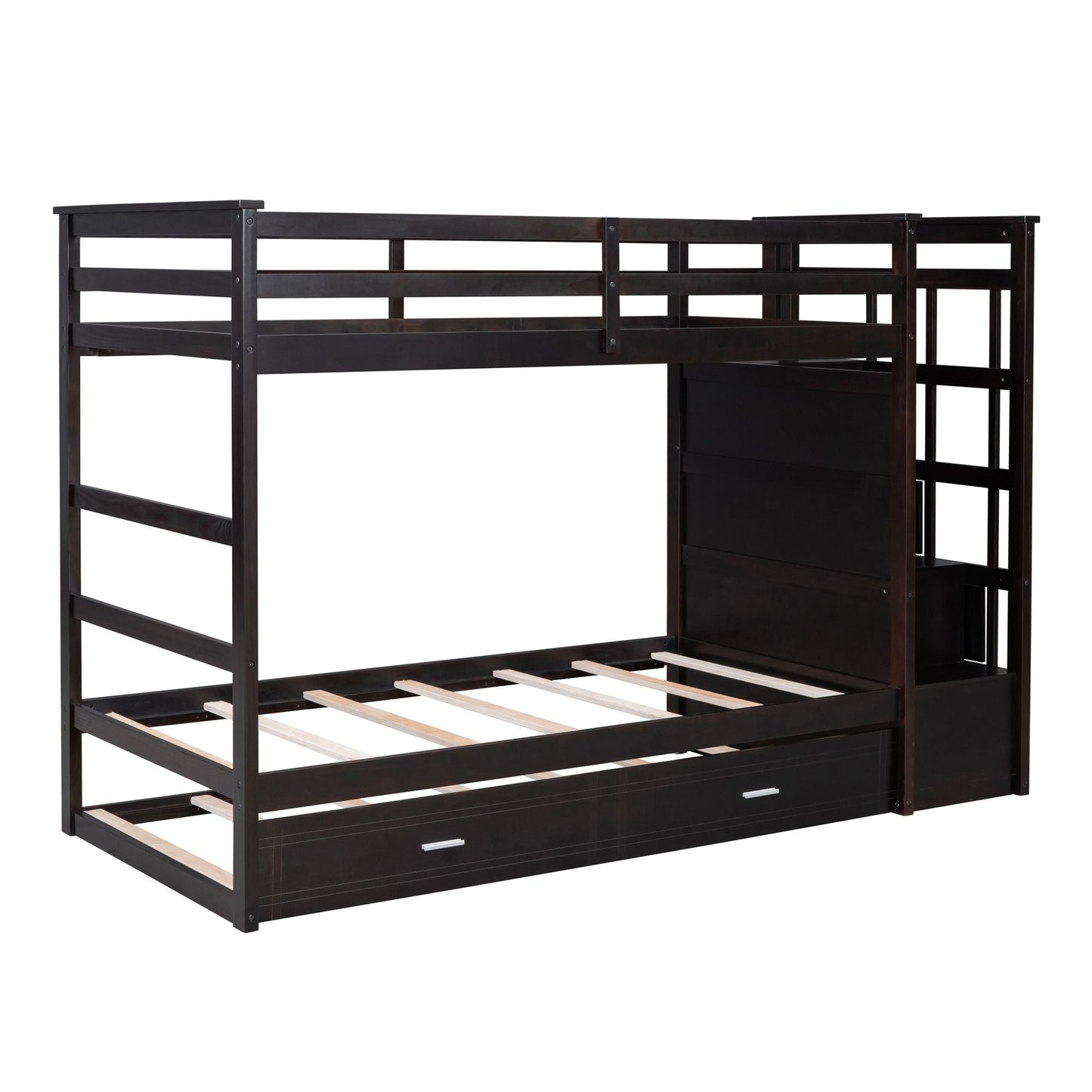 Shared Room Solution Twin Over Twin Wood Bunk Bed with Trundle and Staircase, Espresso | Just Better Bunk Beds