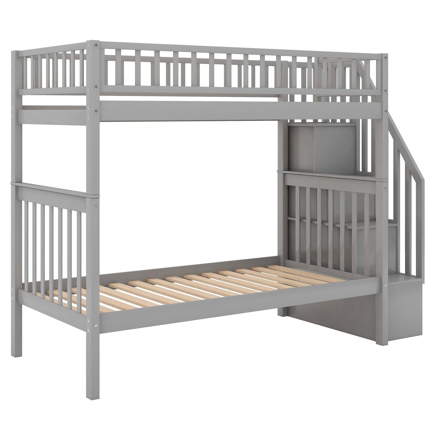 Storage-Enhanced Twin Over Twin Wood Bunk Bed with Trundle, Gray | Just Better Bunk Beds