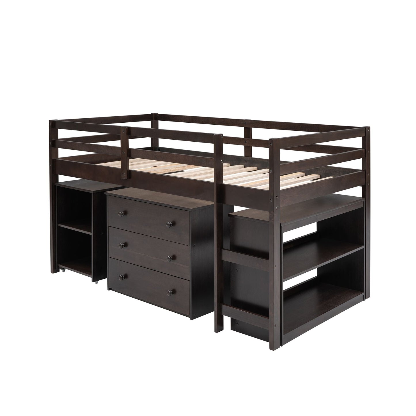 Kids Bedroom Twin Wood Loft Bed with Cabinet and Rolling Desk, White | Just Better Bunk Beds