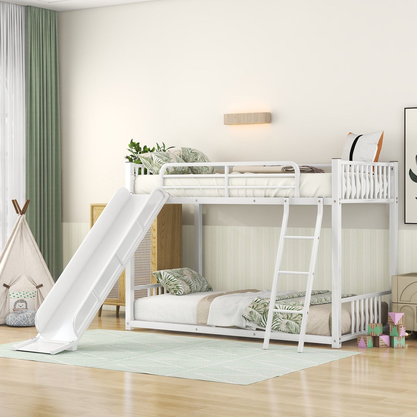 Space-Saving Metal Bunk Bed with Slide Twin Over Twin, White | Just Better Bunk Beds