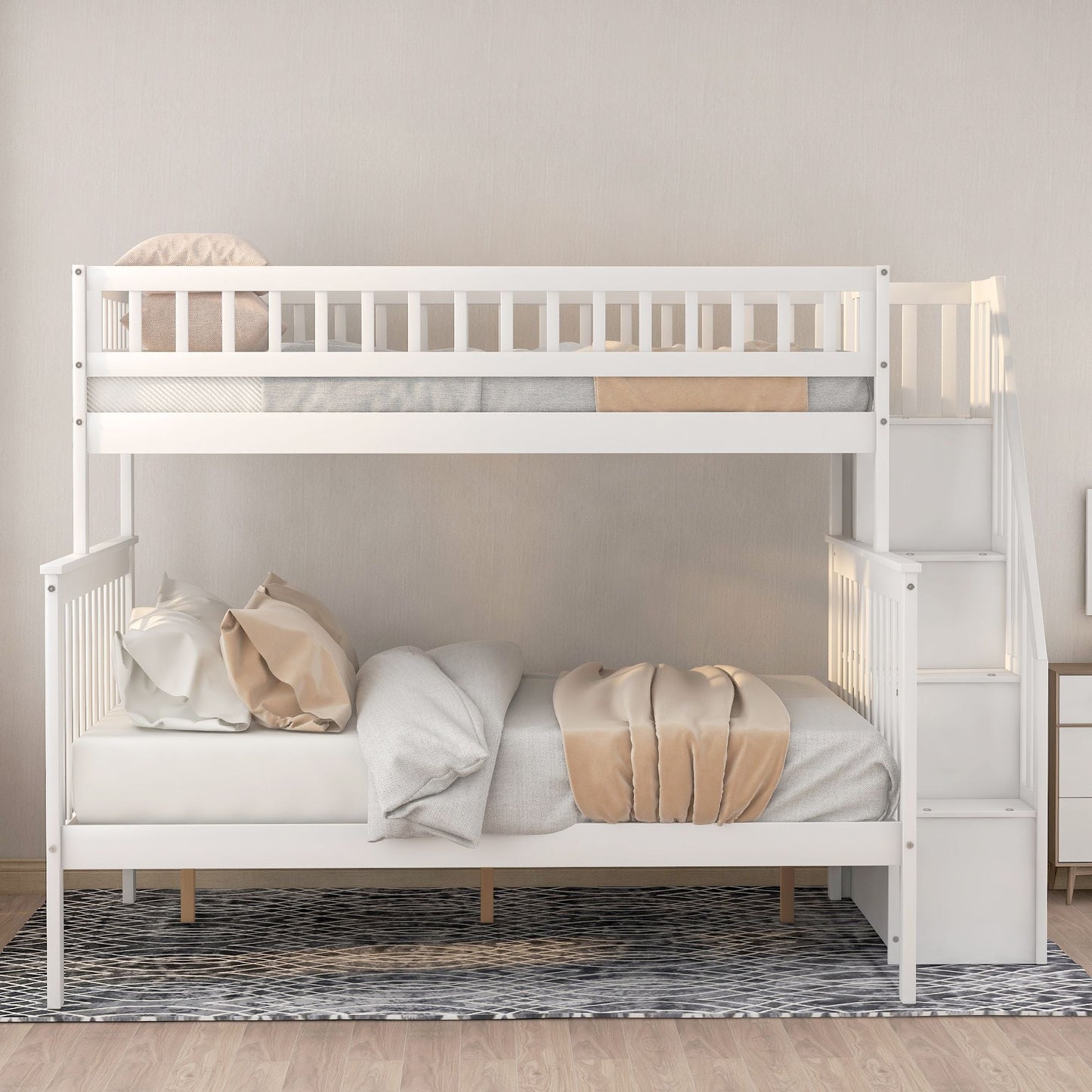 Twin over Full Stairway Bunk Bed with storage,  White
