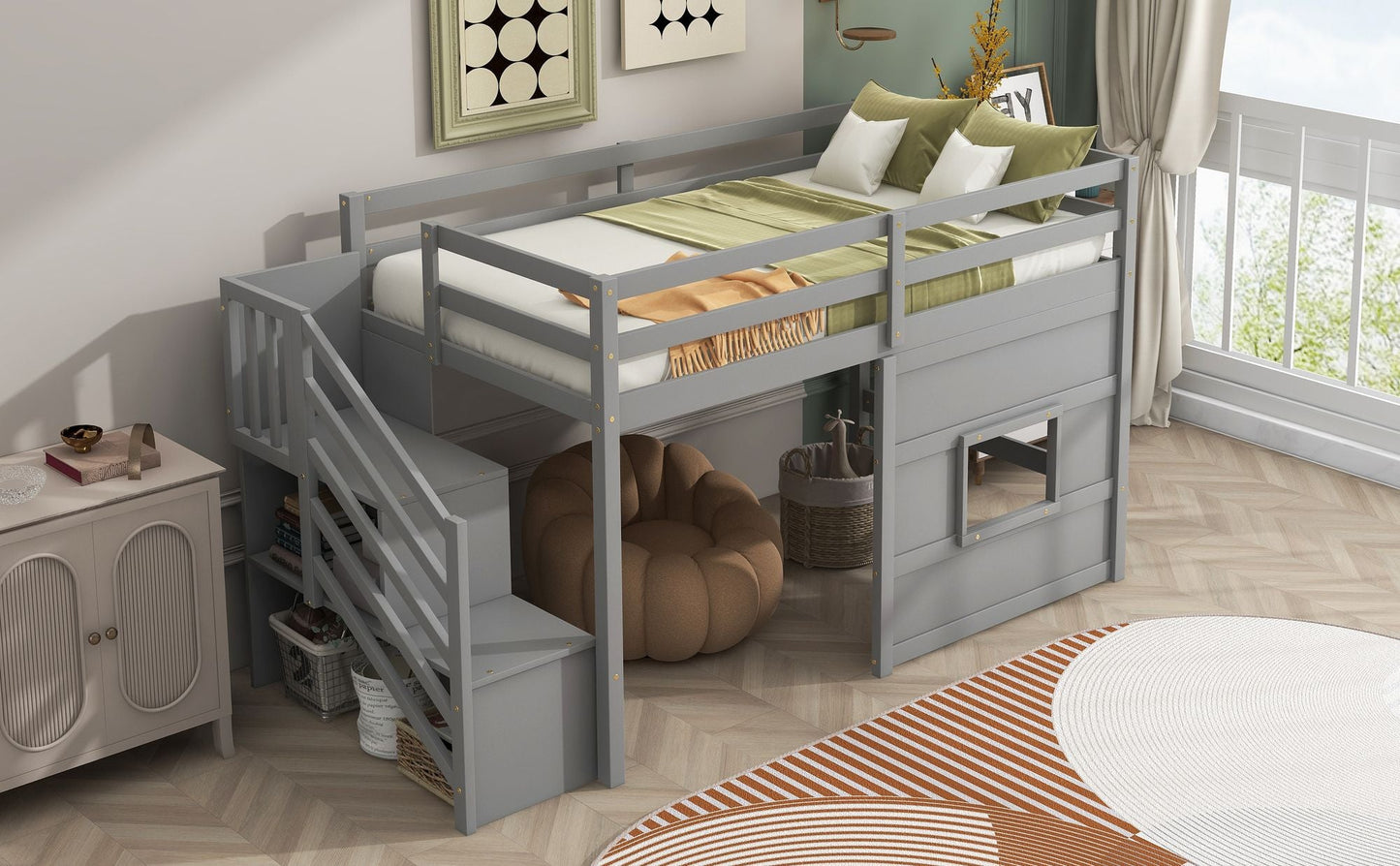 Space-Saving Twin Loft Wood Bed with Storage Staircase and Window, White | Just Better Bunk Beds