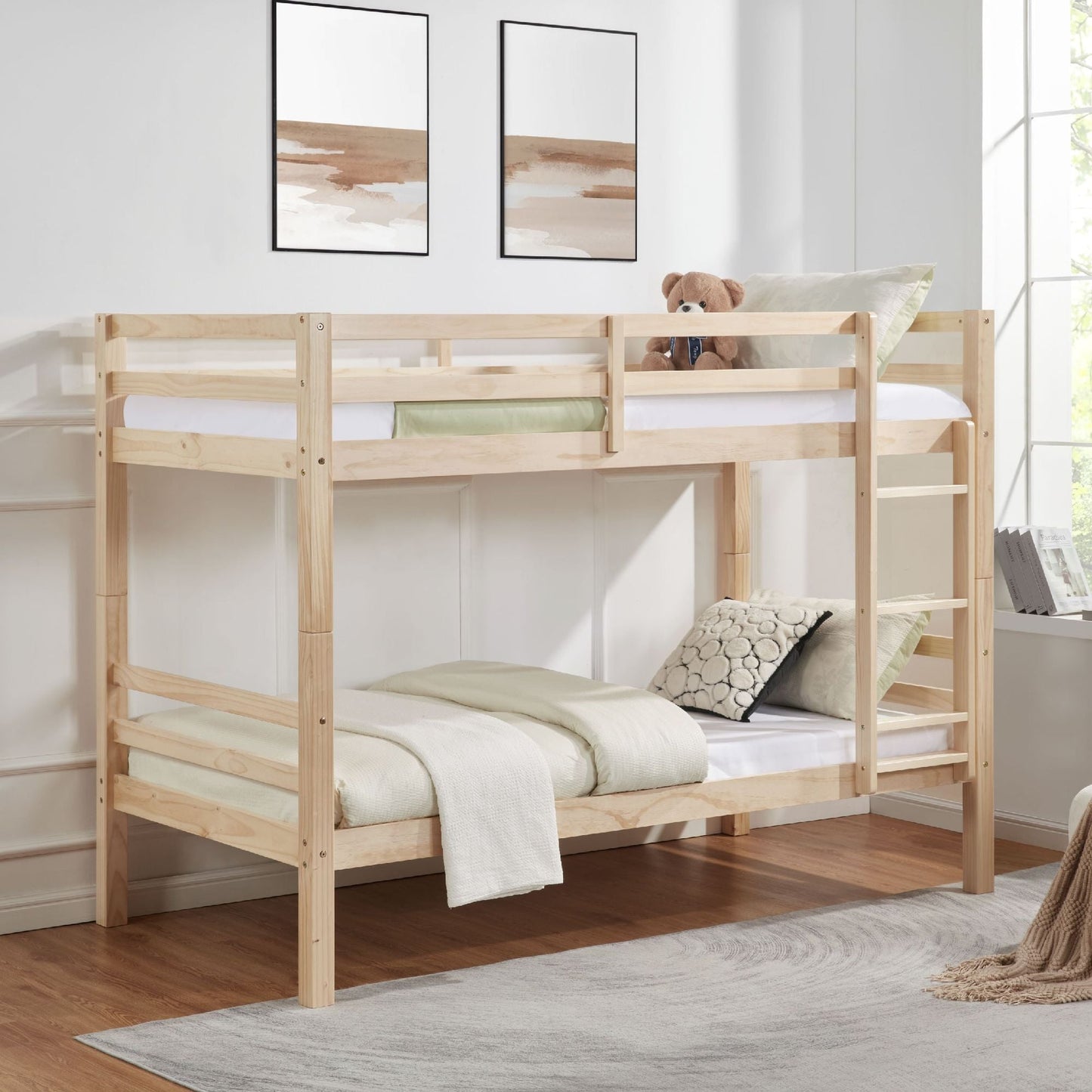 Heavy-Duty Twin Over Twin Wood Bunk Bed, Natural with Thick Posts, Ladder, and High Guardrail | Just Better Bunk Beds