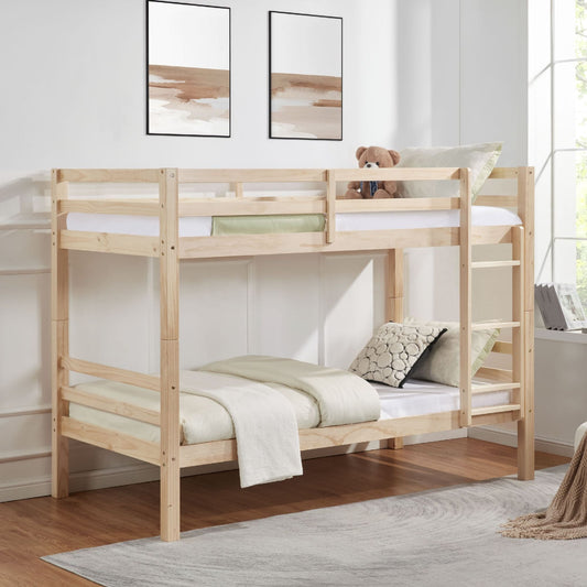 Heavy-Duty Twin Over Twin Wood Bunk Bed, Natural with Thick Posts, Ladder, and High Guardrail | Just Better Bunk Beds