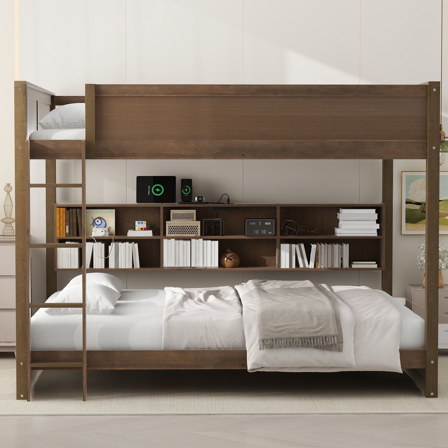 Shared Room Solution Queen Over Queen Wood Bunk Bed with Storage Cabinets and USB Ports, Natural | Just Better Bunk Beds