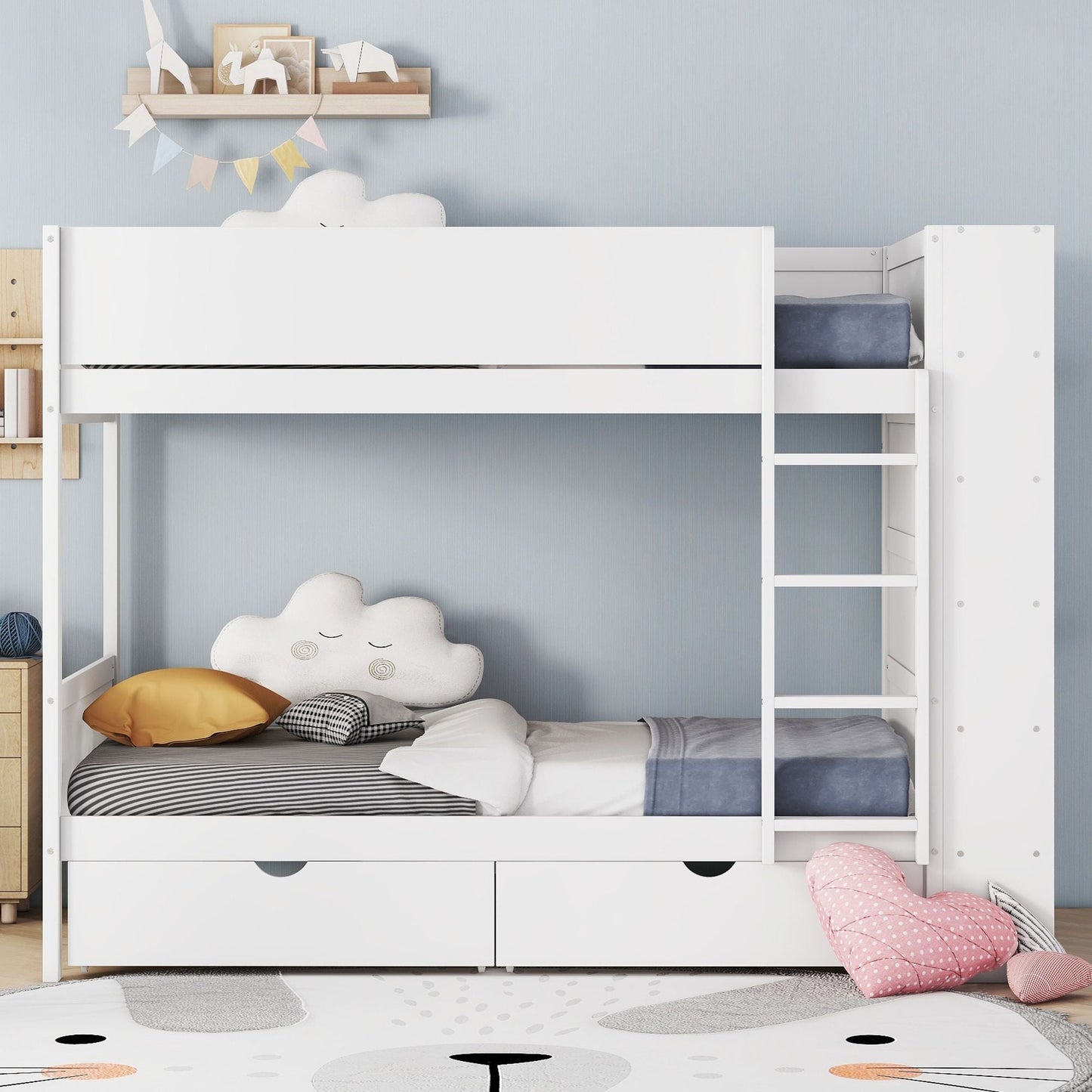 Storage Twin Over Twin Wood Bunk Bed with 2 Drawers and Multi-Layer Cabinet, White | Just Better Bunk Beds
