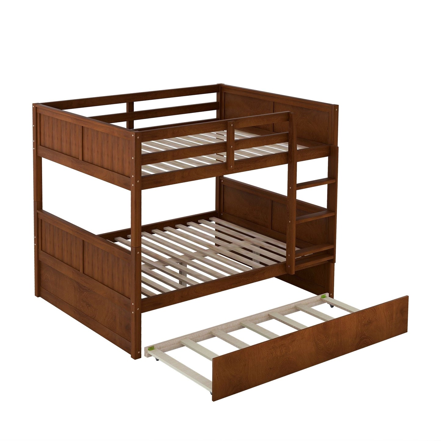 Space-Saving Full Over Full Wood Bunk Bed with Twin Trundle, Walnut | Just Better Bunk Beds