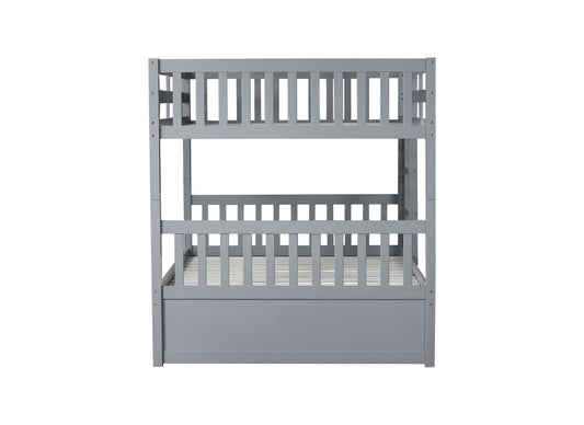 Convertible Full Over Full Rubber Wood Bunk Bed with Trundle, Ladder, and Guardrails, Gray | Just Better Bunk Beds