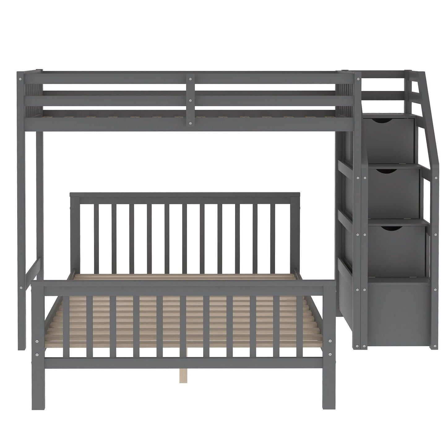 Space-Saving Twin Over Full Wood Loft Bed with Staircase, Gray | Just Better Bunk Beds