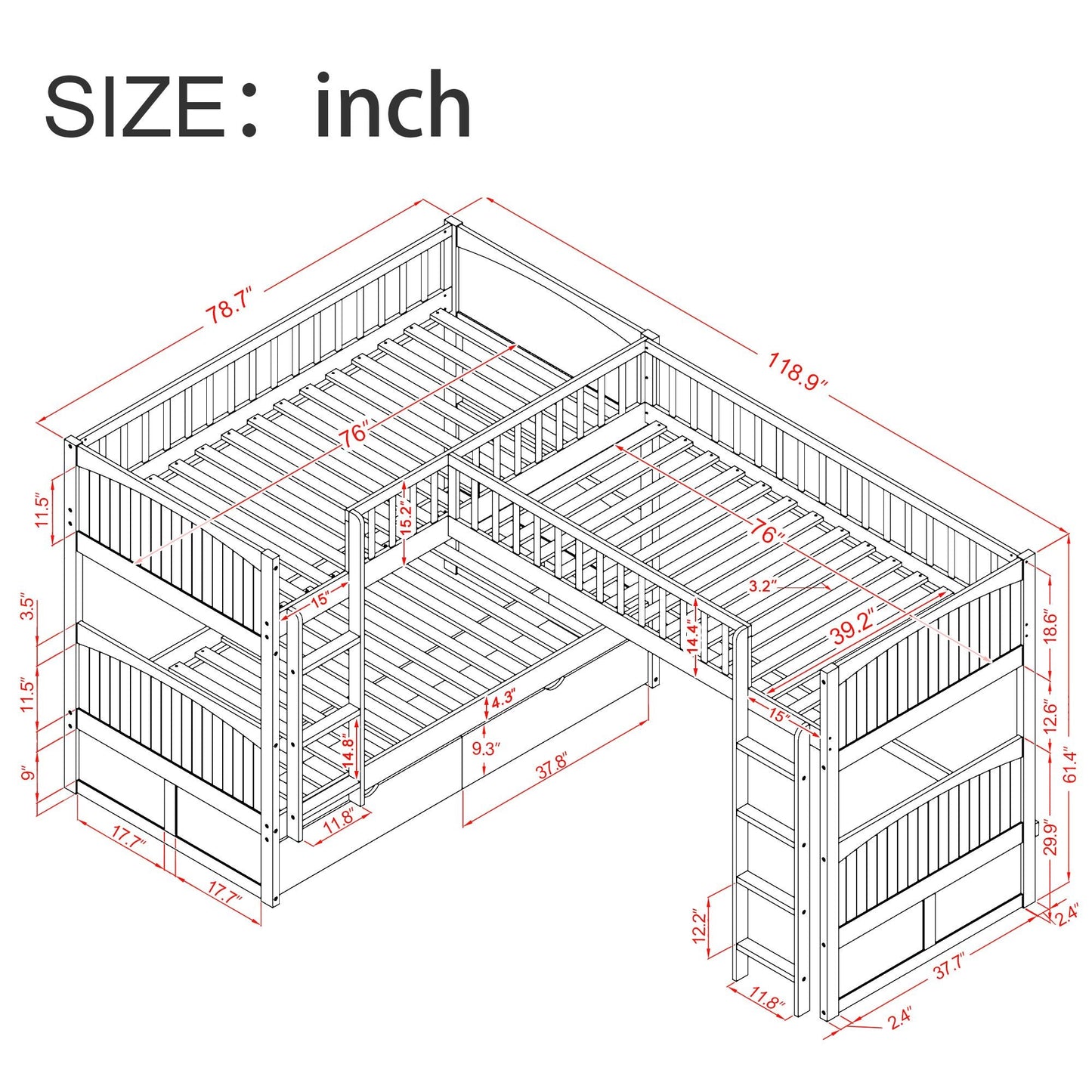 Space-Saving Twin Wood Bunk Bed with Loft and Two Drawers, Gray | Just Better Bunk Beds