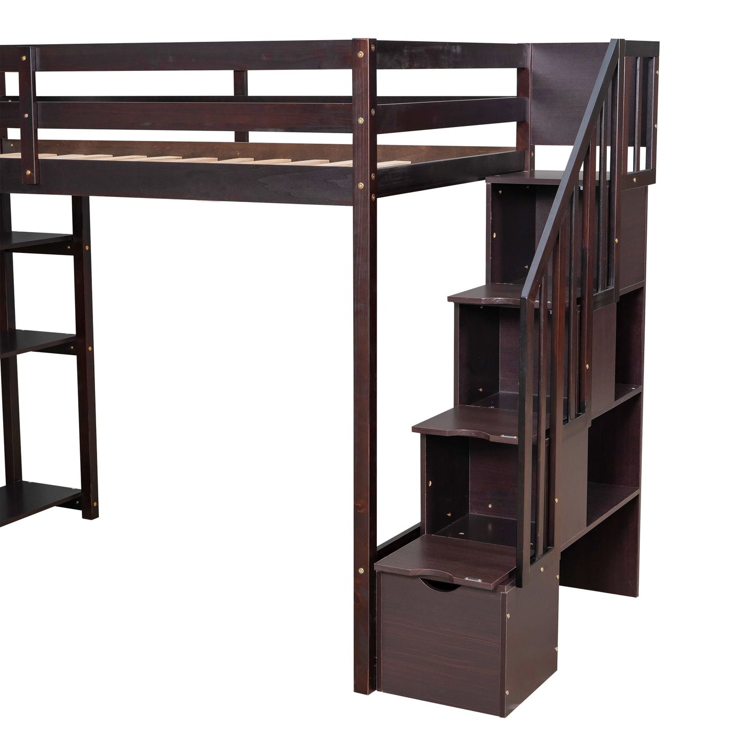 Kids Bedroom Twin Wood Loft Bed with Storage Drawers and Stairs, Espresso | Just Better Bunk Beds