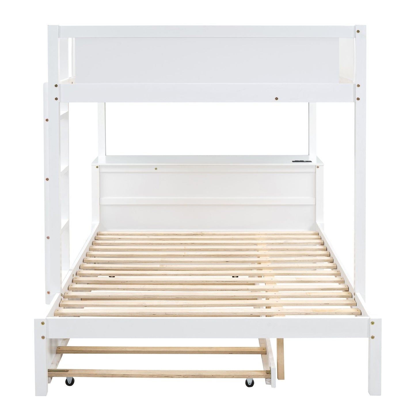 Multi-Functional Full Over Full Wood Bunk Bed with Twin Trundle, Storage, Desk, White | Just Better Bunk Beds