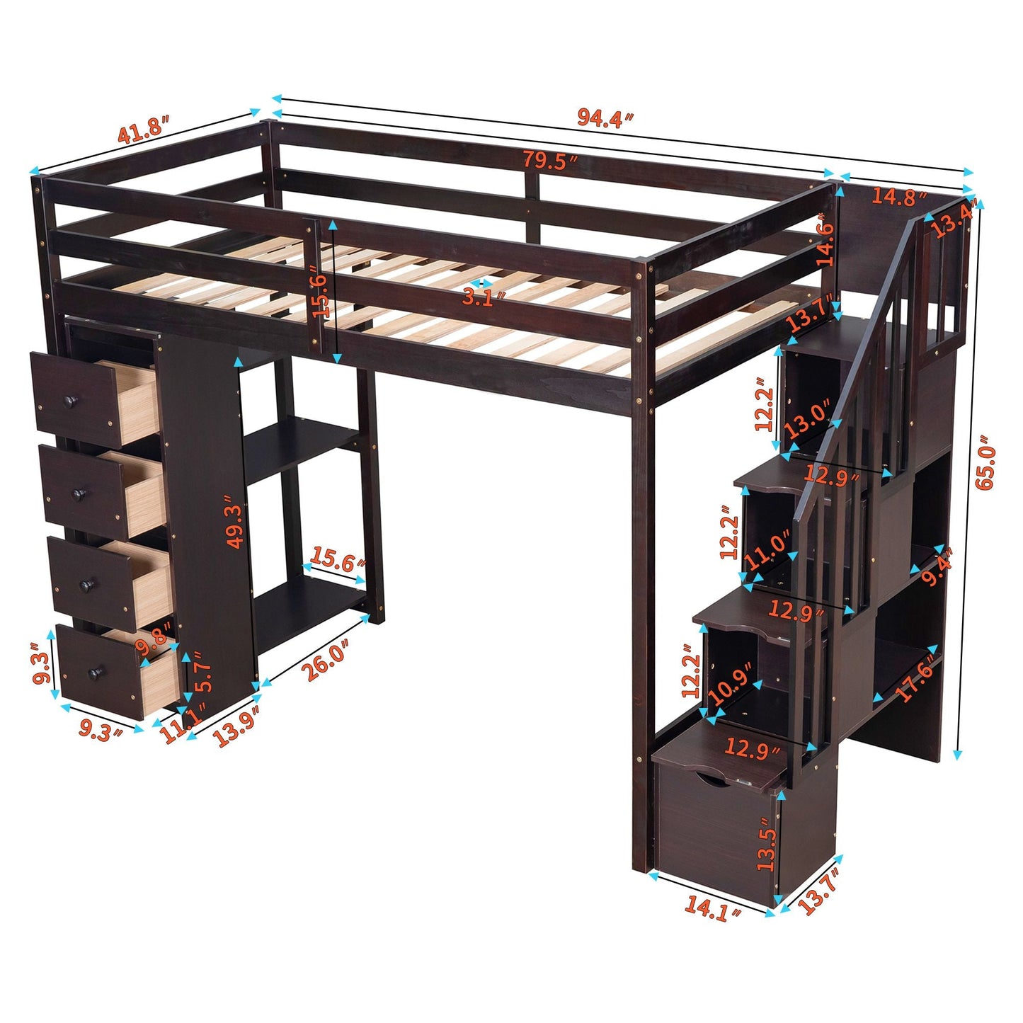 Kids Bedroom Twin Wood Loft Bed with Storage Drawers and Stairs, Espresso | Just Better Bunk Beds