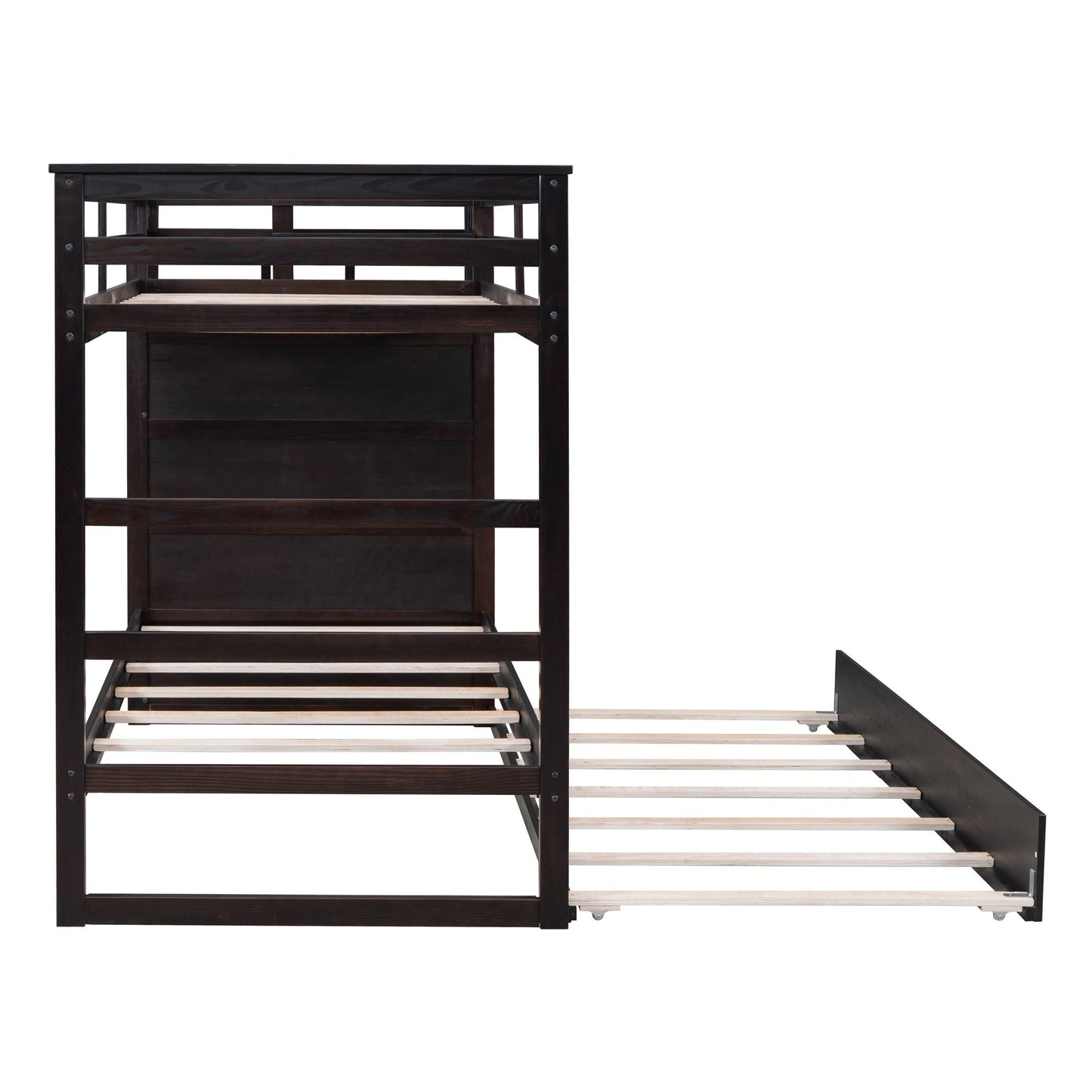 Shared Room Solution Twin Over Twin Wood Bunk Bed with Trundle and Staircase, Espresso | Just Better Bunk Beds