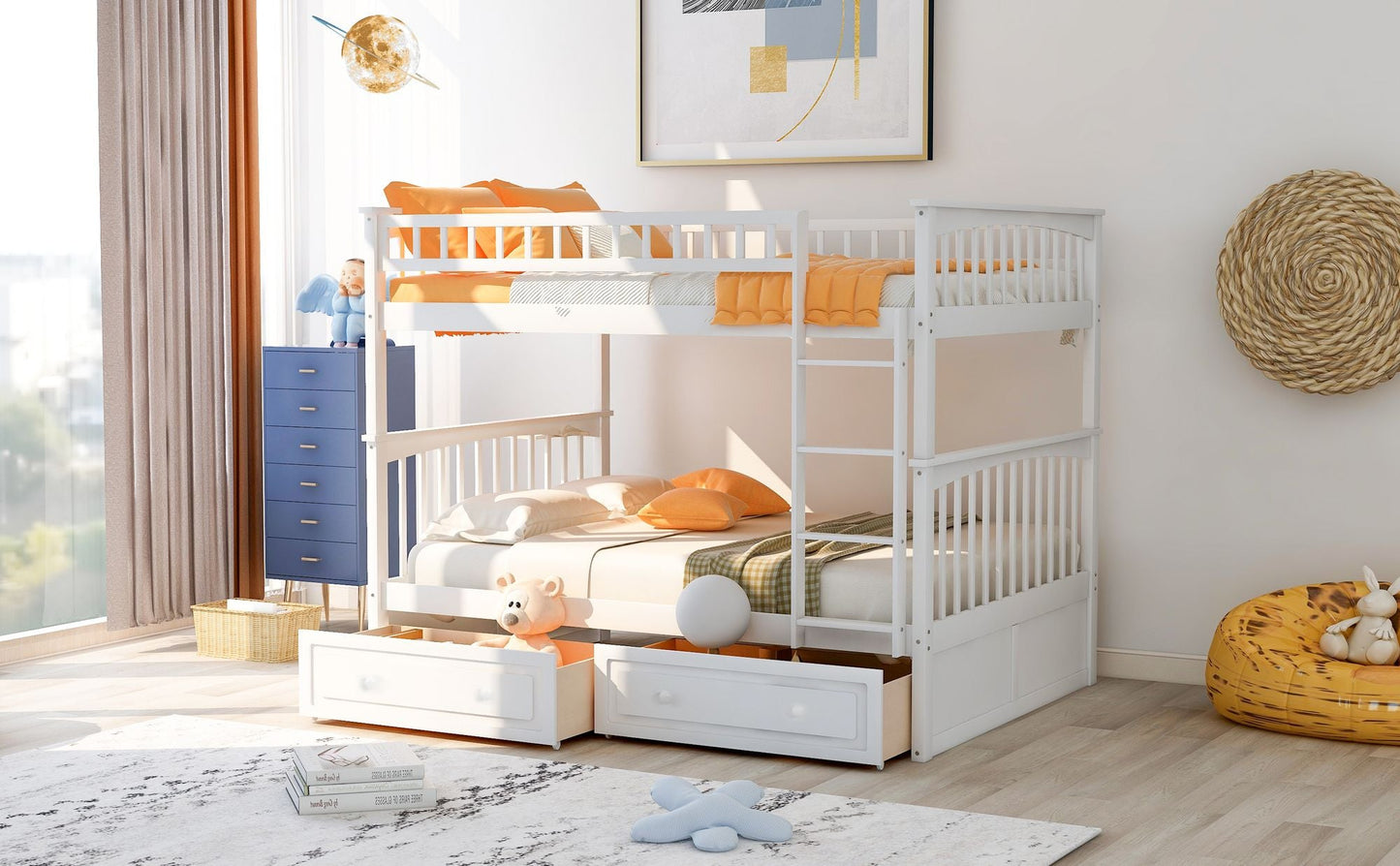 Convertible Full Over Full Wood Bunk Bed with Drawers, White | Just Better Bunk Beds