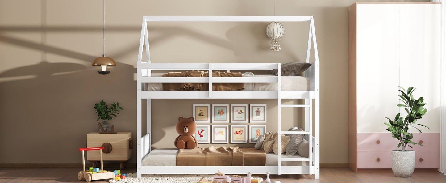 Twin Over Twin House Floor Bunk Bed with Headboards,  Footboards and Guardrails,  Ladder,  Rubber Wood Bunk Bed with Safety Guardrails, White