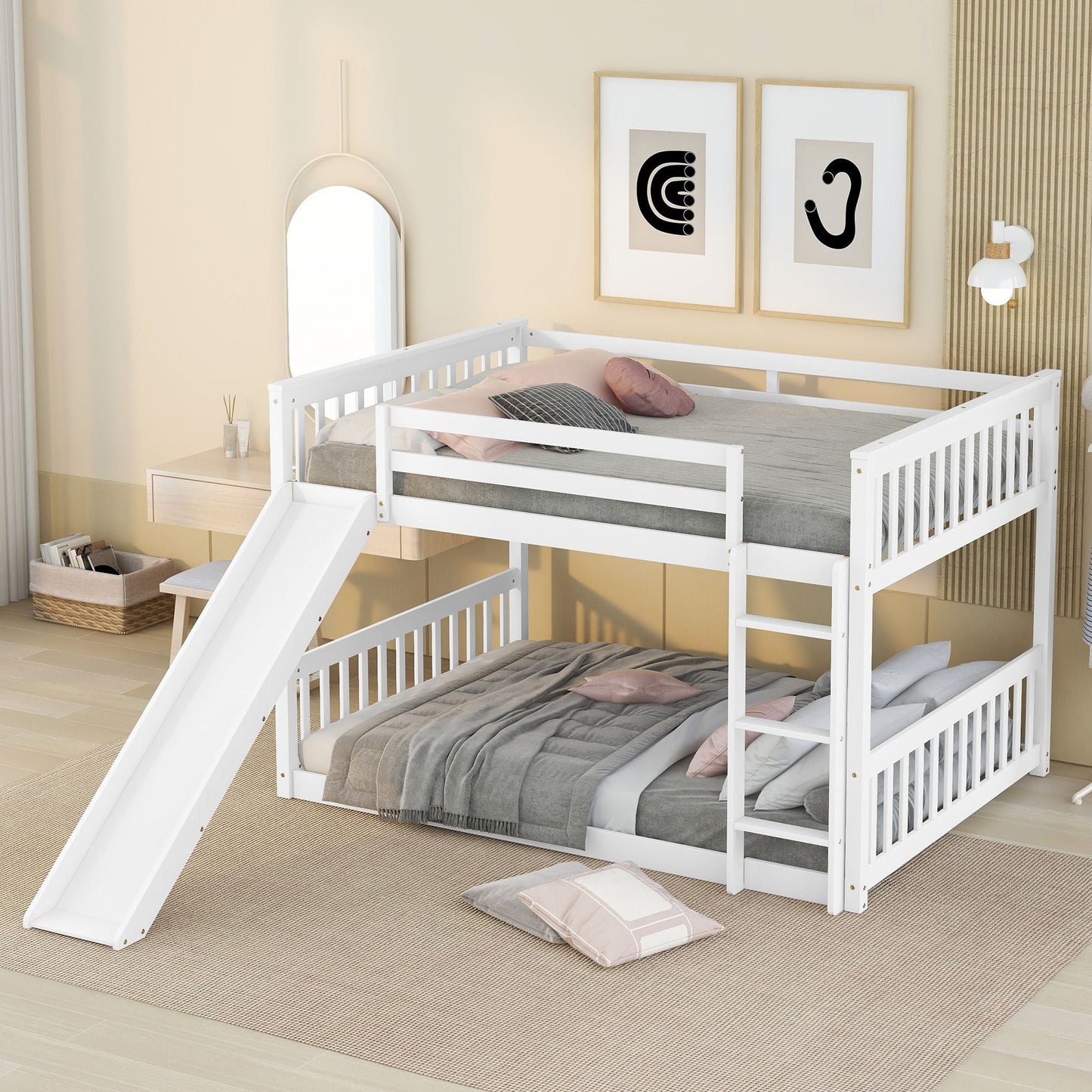 Space-Saving Full Over Full Wood Bunk Bed with Slide and Safety Guardrails, White | Just Better Bunk Beds