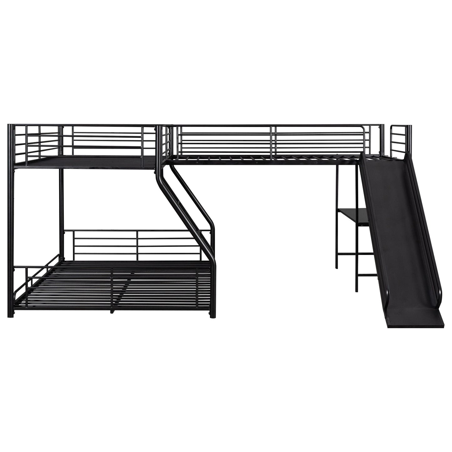 L-Shaped Twin Over Full Wood Bunk Bed with Twin Loft, Black with Built-In Desk and Slide | Just Better Bunk Beds