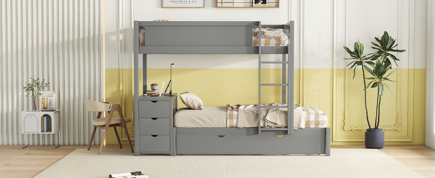 Space-Saving Twin Over Twin Wood Bunk Bed with Twin Trundle, Storage, Desk, Gray | Just Better Bunk Beds