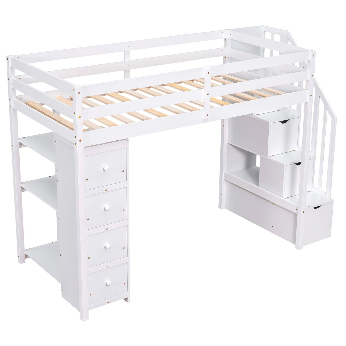 Kids Bedroom Twin Wood Loft Bed with Storage Drawers and Stairs, Espresso | Just Better Bunk Beds
