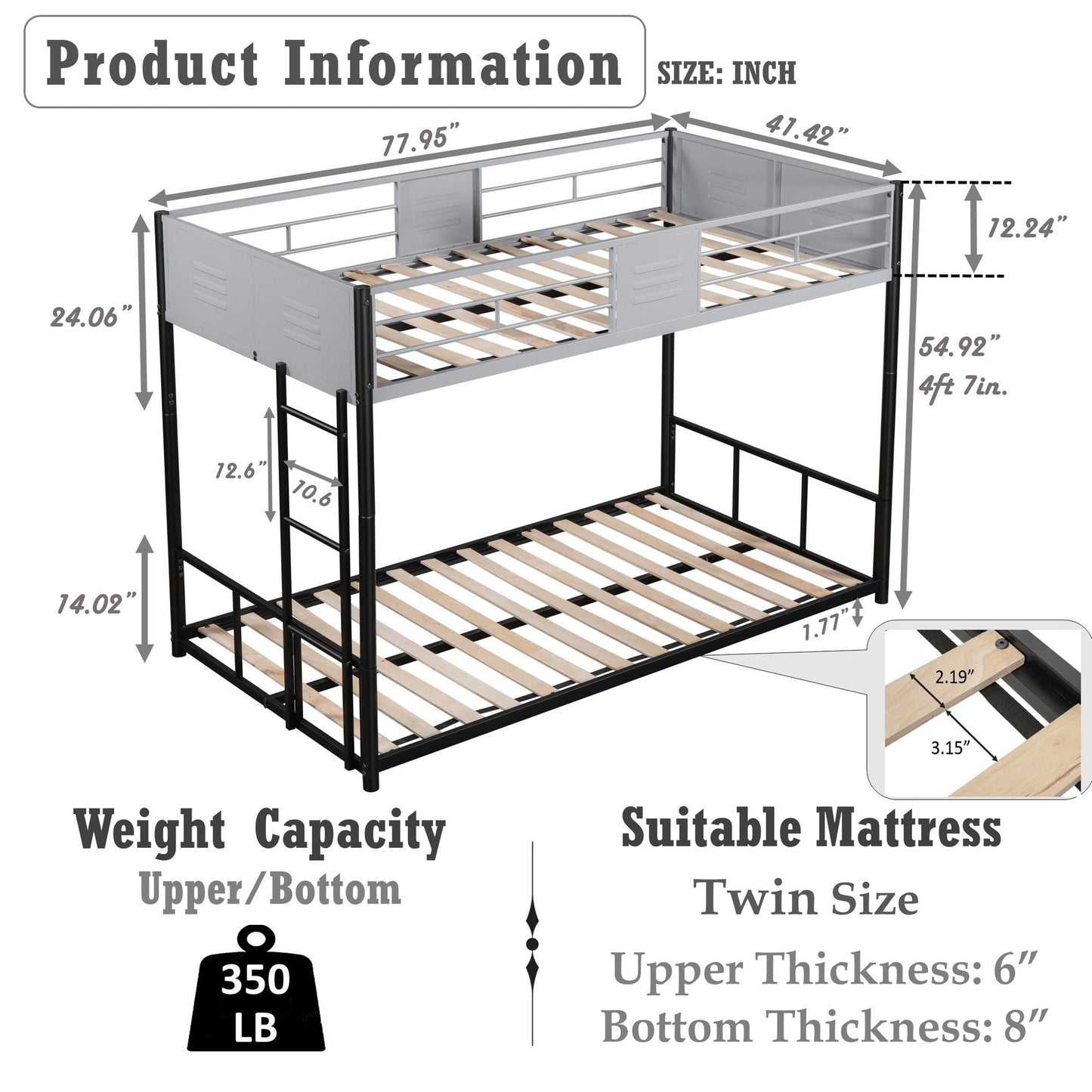 Heavy-Duty Twin Over Twin Metal Bunk Bed with Vent Board, Black | Just Better Bunk Beds