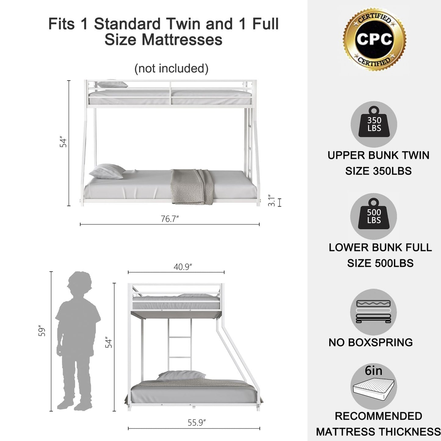 Heavy-Duty Twin Over Full Metal Bunk Bed with Stable Ladder, Low Profile, White | Just Better Bunk Beds