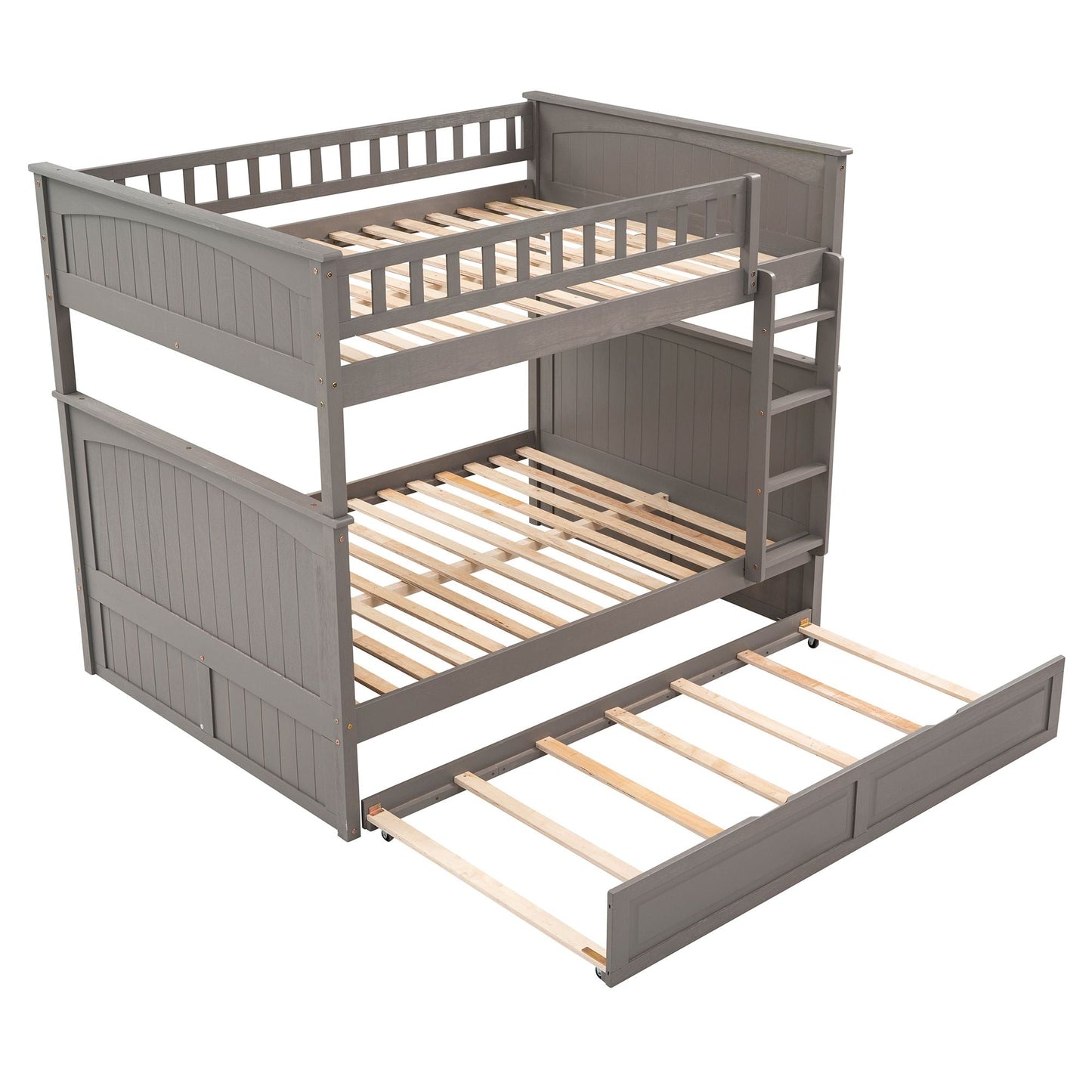 Shared Room Solution Full Over Full Pine Wood Bunk Bed with Twin Trundle and Guardrails, Brushed Gray | Just Better Bunk Beds
