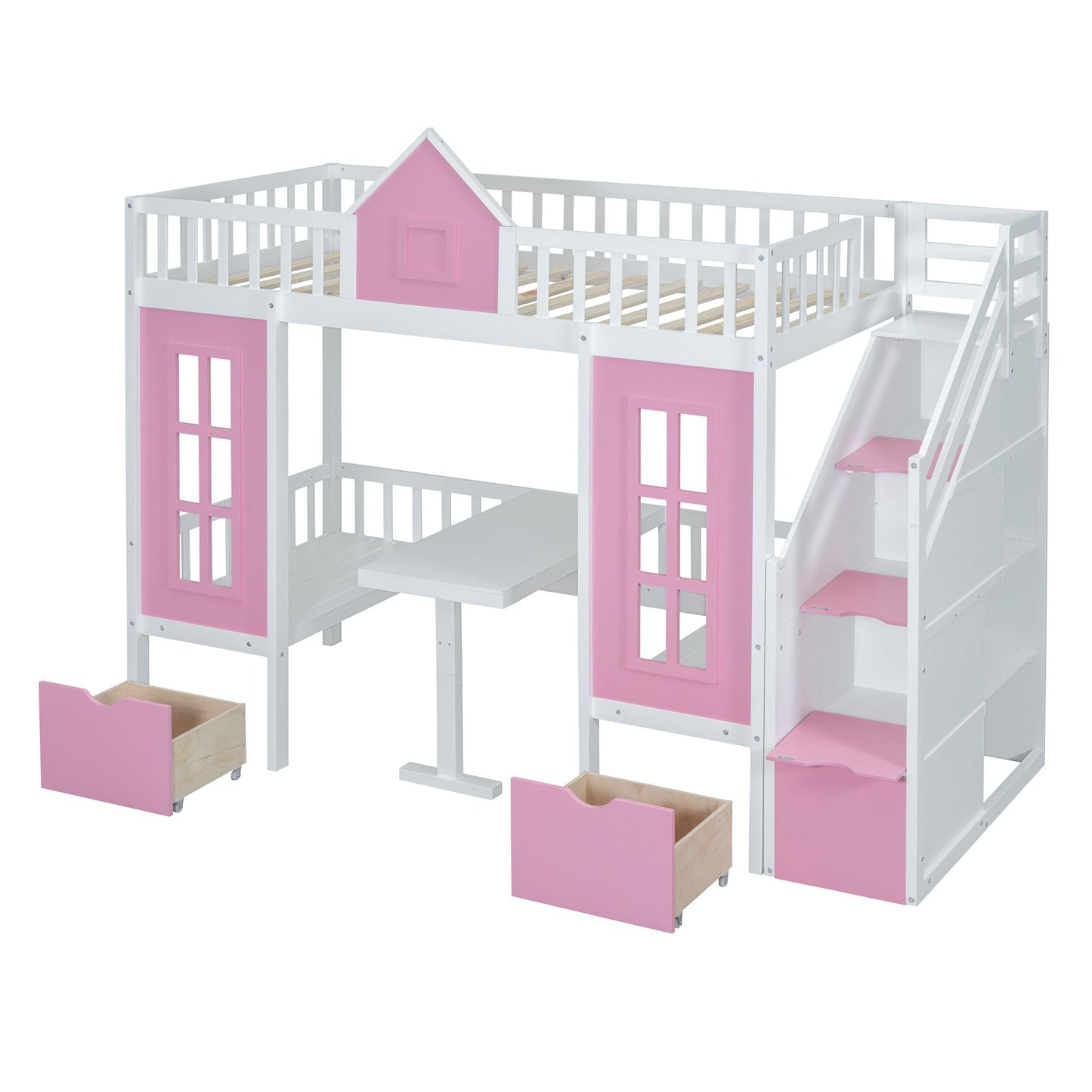 Multi-Use Twin Over Twin Wood Bunk Bed with Changeable Table and Desk, Pink | Just Better Bunk Beds