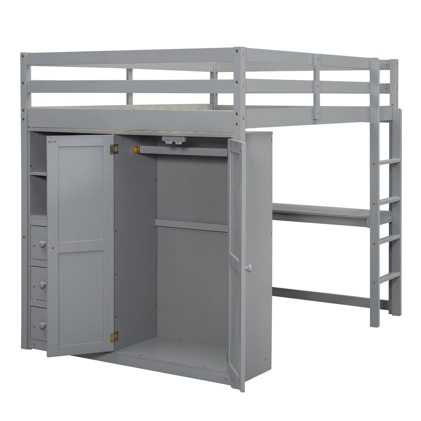 Space-Saving Full Wood Loft Bed with Built-in Wardrobe, Desk & Storage, Gray | Just Better Bunk Beds