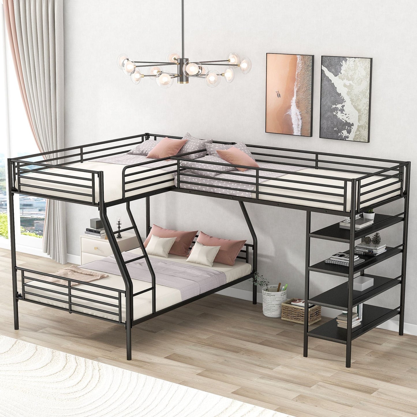 L-Shaped Twin Over Full Metal Bunk Bed with Twin Loft, Black with Four Built-In Shelves | Just Better Bunk Beds