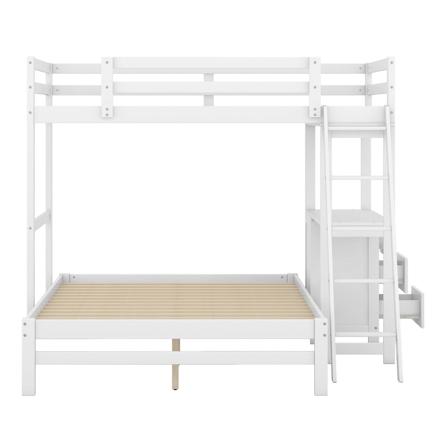 Space-Saving Twin Over Full Wood Bunk Bed with Built-in Desk and Drawers, White | Just Better Bunk Beds