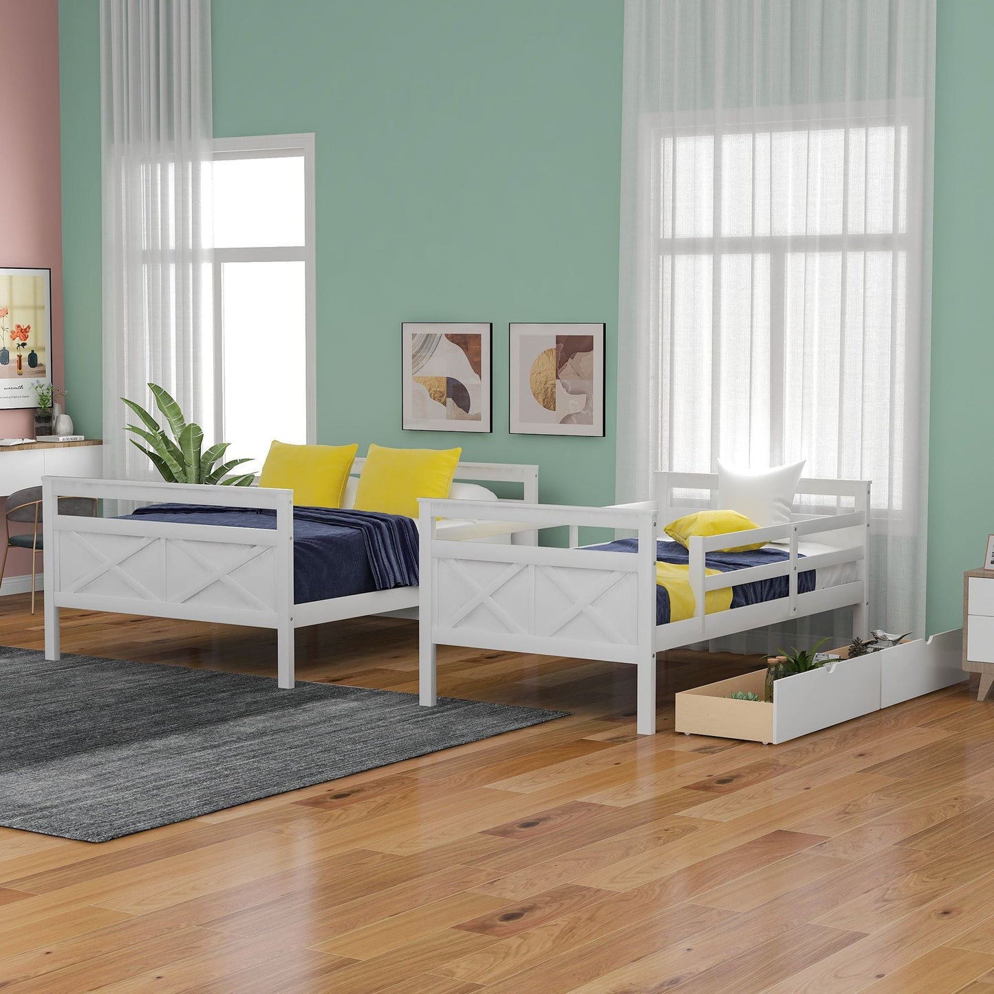 Kids Bedroom Twin Over Full Wood Bunk Bed with Ladder, Two Storage Drawers and Safety Guardrail, White | Just Better Bunk Beds