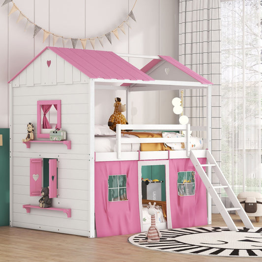 House-Style Full Wood Bunk Bed with Windows, Sills and Tent, Pink and White | Just Better Bunk Beds