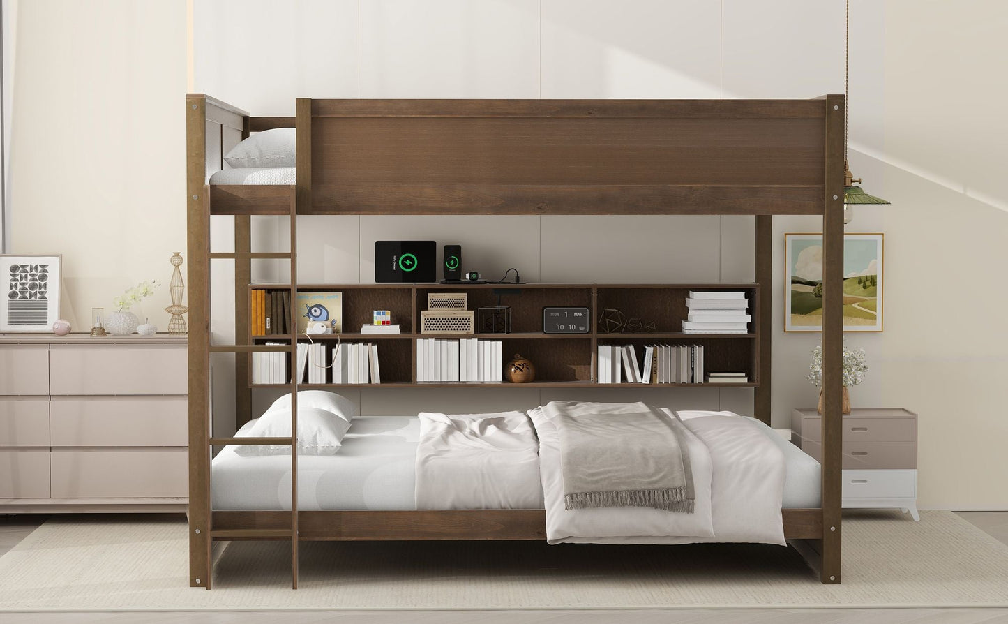 Shared Room Solution Queen Over Queen Wood Bunk Bed with Storage Cabinets and USB Ports, Natural | Just Better Bunk Beds