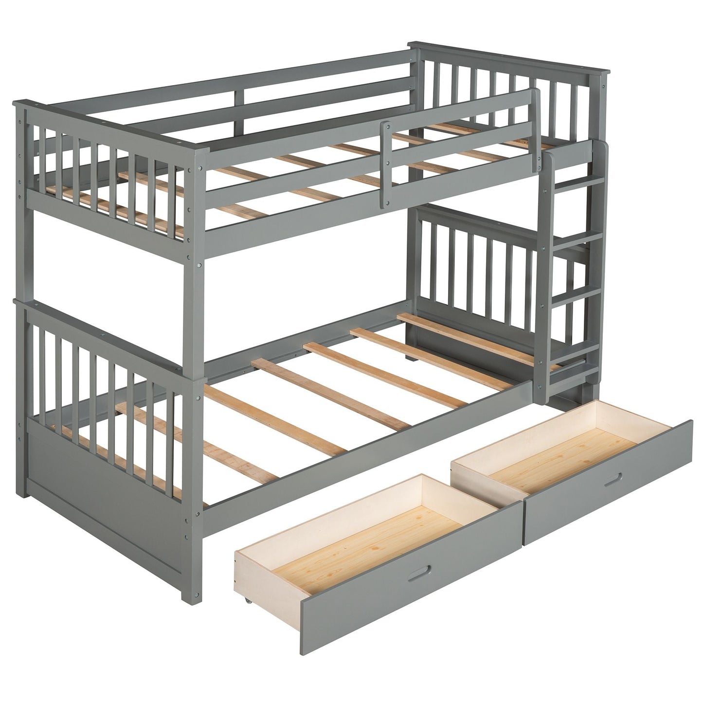 Storage Twin Over Twin Wood Bunk Bed with Ladders and Two Drawers, White | Just Better Bunk Beds